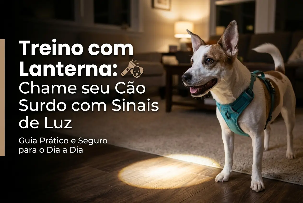 Cão branco com marrom em treino com lanterna, técnica para cães surdos